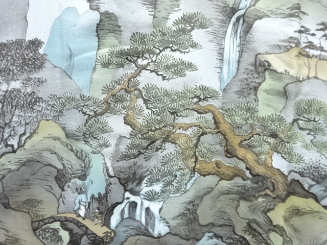 アンティーク　人物に滝風景模様男物長襦袢